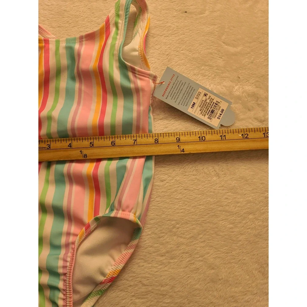 Cat & Jack Toddler Girls 18M Striped One Piece Swimsuit UPF 50+ Pink Teal NWT